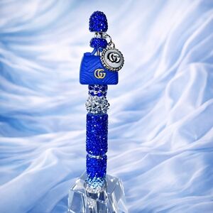 Beautiful Handmade Blue and Silver Beaded Pen with GG Charm